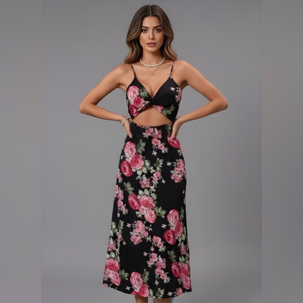 LAST ONE 🔥 Floral Print Cut Out Twist Cami Dress